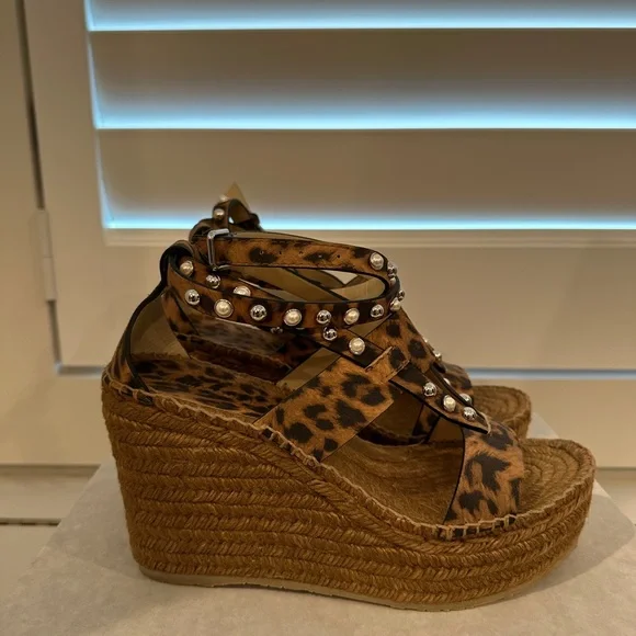 Jimmy Choo DANICA 110 Leopard Print Suede w/ Pearls and Studs Wedges 38